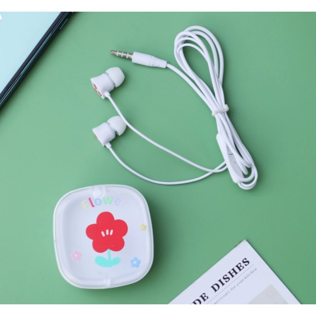 [XY-46] Set Headset Earphone Motif BUNGA-BUNGA Imut / Wadah Earphone Transparan Kotak Kartun Flower