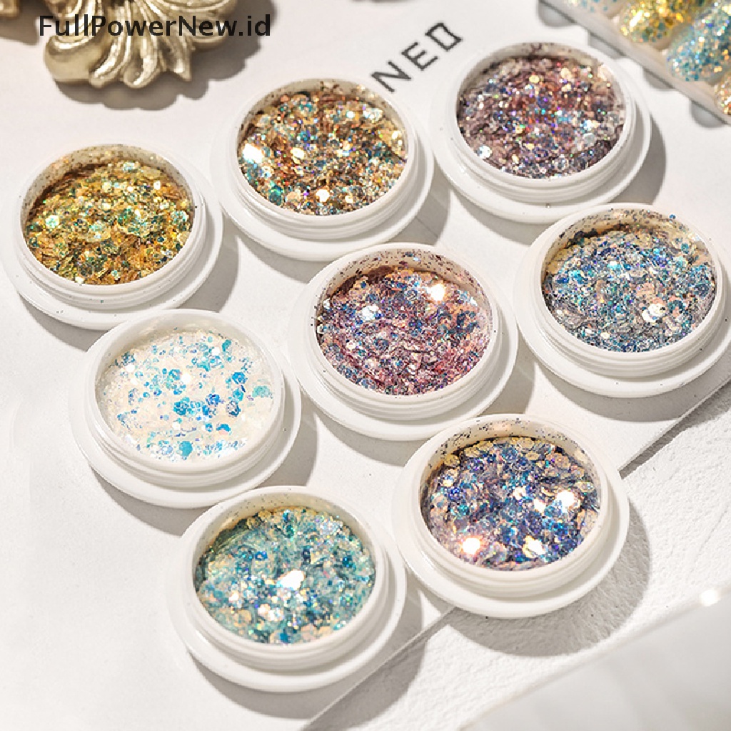 Set Botol Bubuk Glitter Holografik Bentuk Hexagon Warna Emas Untuk Nail Art