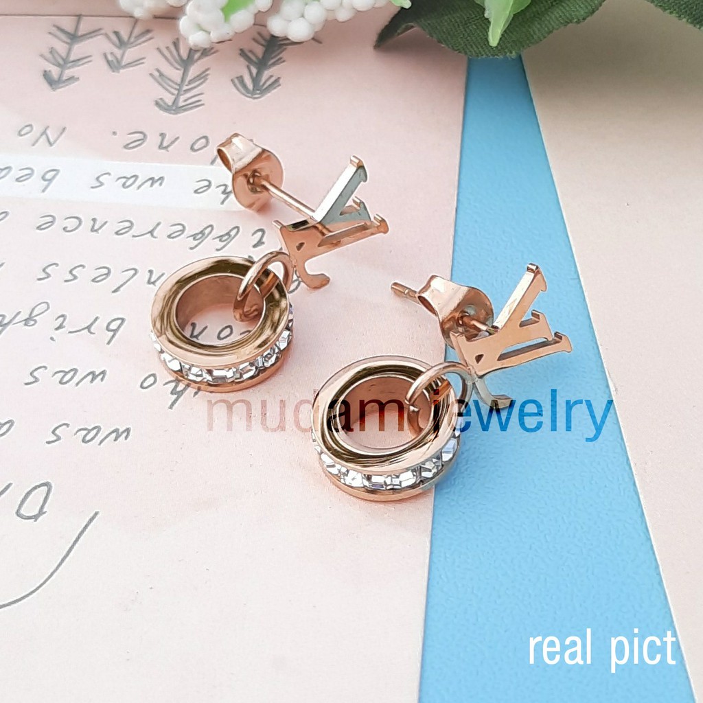 Anting Tusuk Titanium L* Ring Kristal Artifisial Warna Rose Gold