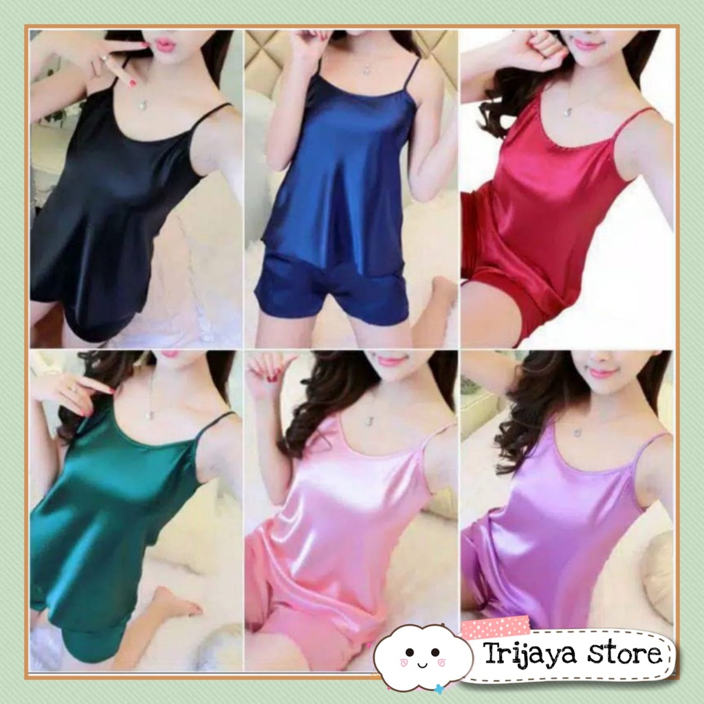 Trijaya . setelan tank top satin import / lingerie baju tidur tanktop kensi basic polos