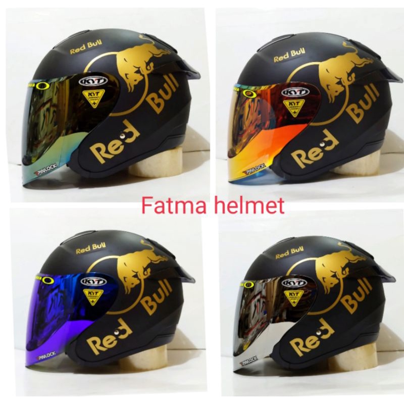 HELM KYT KYOTO BLACK DOFT PAKET GANTENG STIKER RED BULL GOLD VISOR IRIDIUM (modif)