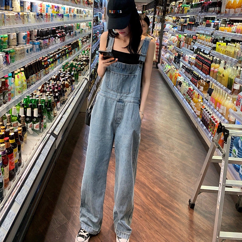 Retro denim overall perempuan musim semi 2022 baru versi Korea dari siswa longgar tinggi pinggang le