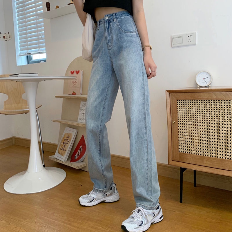 New Korean retro high-waist loose jeans straight-legged wide-legged celana panjang wanita(realpict)