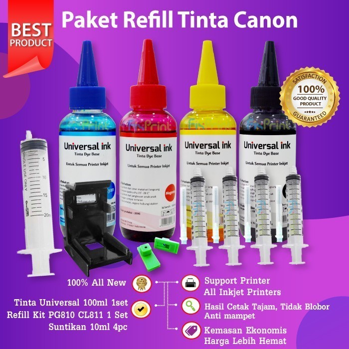 Paket Tinta 4 Warna 100ml Refill Canon mx366 mx326 e480 cartridge