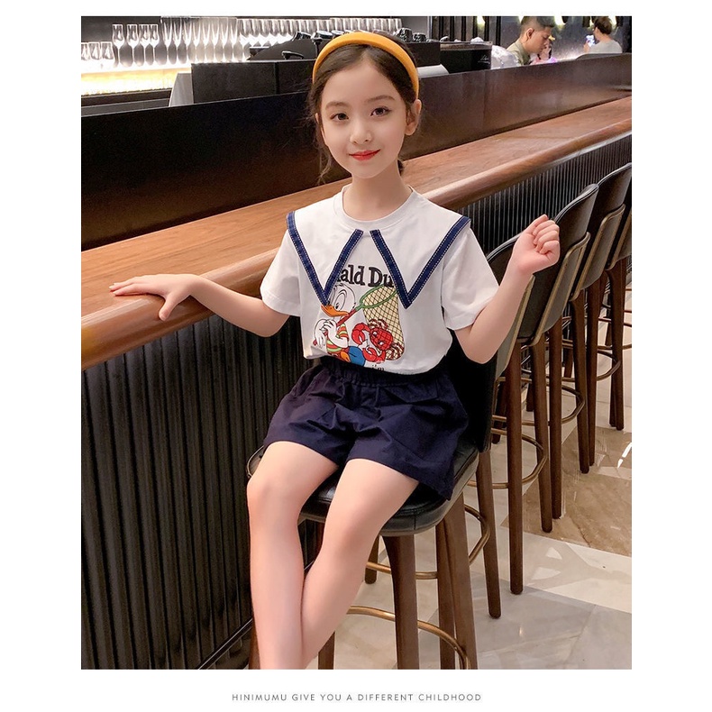 【Baru Datang!!】(5-12Tahun）DT-19  Baju Setelan Cewek disertai sablon donald duck didepan bajunya PREMIUM QUALITY IMPOR