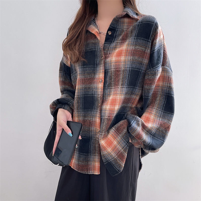 AJWShop Kemeja Flanel Wanita Lengan Balon Oversize Import Tebal Premium | Atasan Kemeja Wanita Jumbo Import Bahan Tebal | Kimberly Kemeja Flanel Import Premium | Kemeja Planel Wanita-TEBAL NavyOren