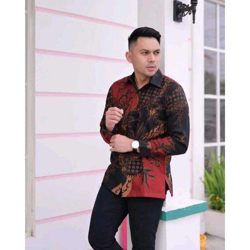 BATIK KASUAL WARNA MERAH KEMEJA BATIK FORMAL / PESTA TERBRU BATIK LENGAN PANJANG WARNA MERAH