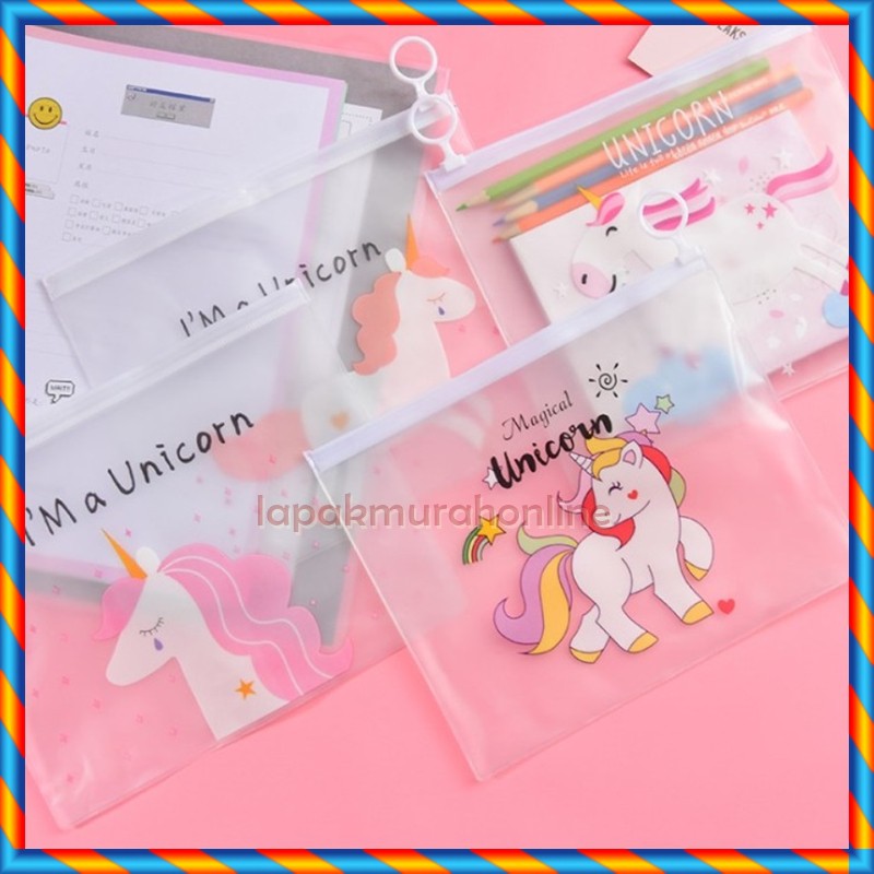 TEMPAT PENSIL TRANSPARAN / ZIPPER BAG UNICORN / POUCH TRANSPARAN MOTIF UNICORN