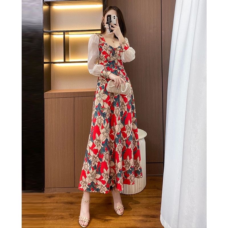 【BISA COD✅ 】Long Dress Bunga|Gamis Merah M69