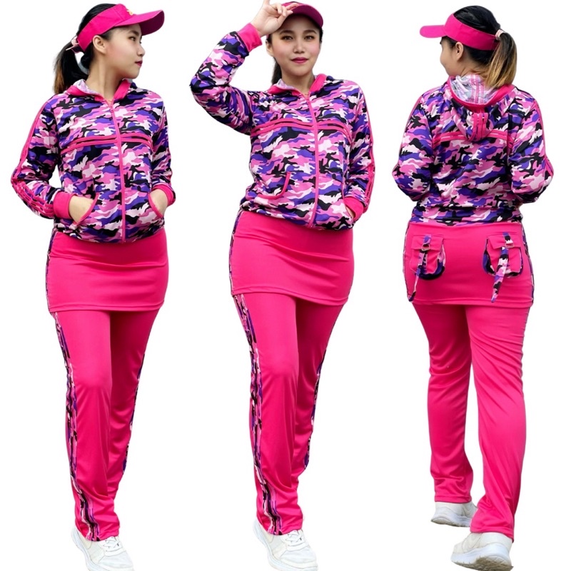 Stelan Baju Senam Army Rok Pink Set Gym Gowes Training Panjang Olahraga Hijab