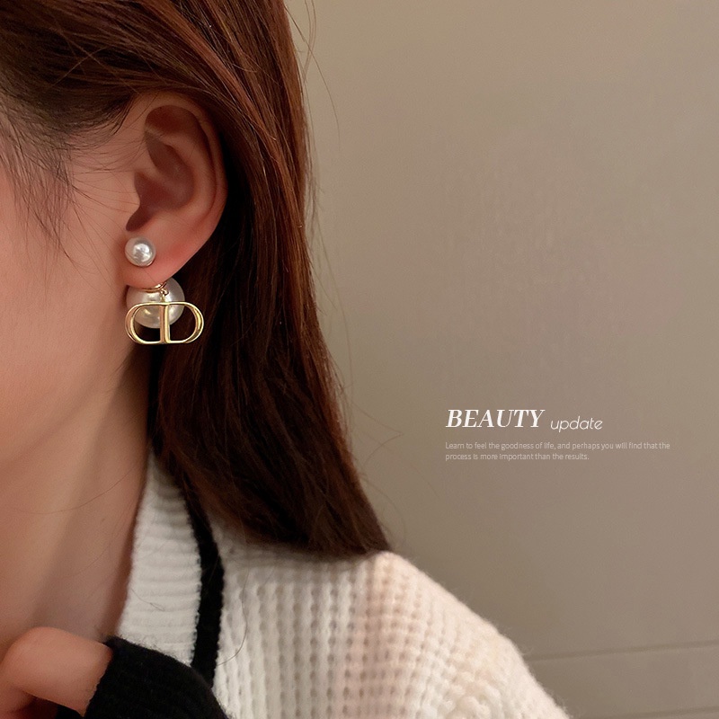 Anting Stud Desain Huruf D Ganda Aksen Mutiara Bahan S925 silver Gaya Perancis