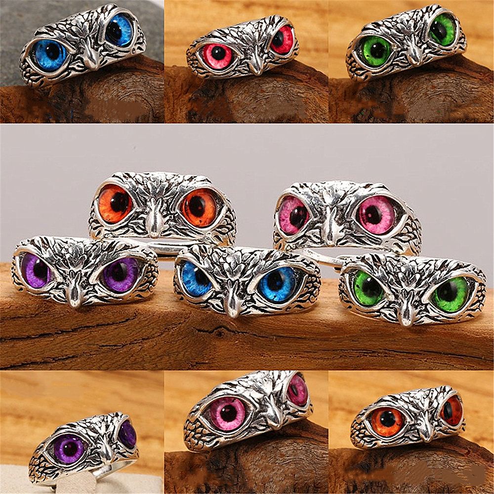 Cincin Model Terbuka Dapat Disesuaikan Desain Hewan Mata Setan Burung Hantu Warna-Warni Gaya Retro Vintage Untuk Hadiah Hari Ibu