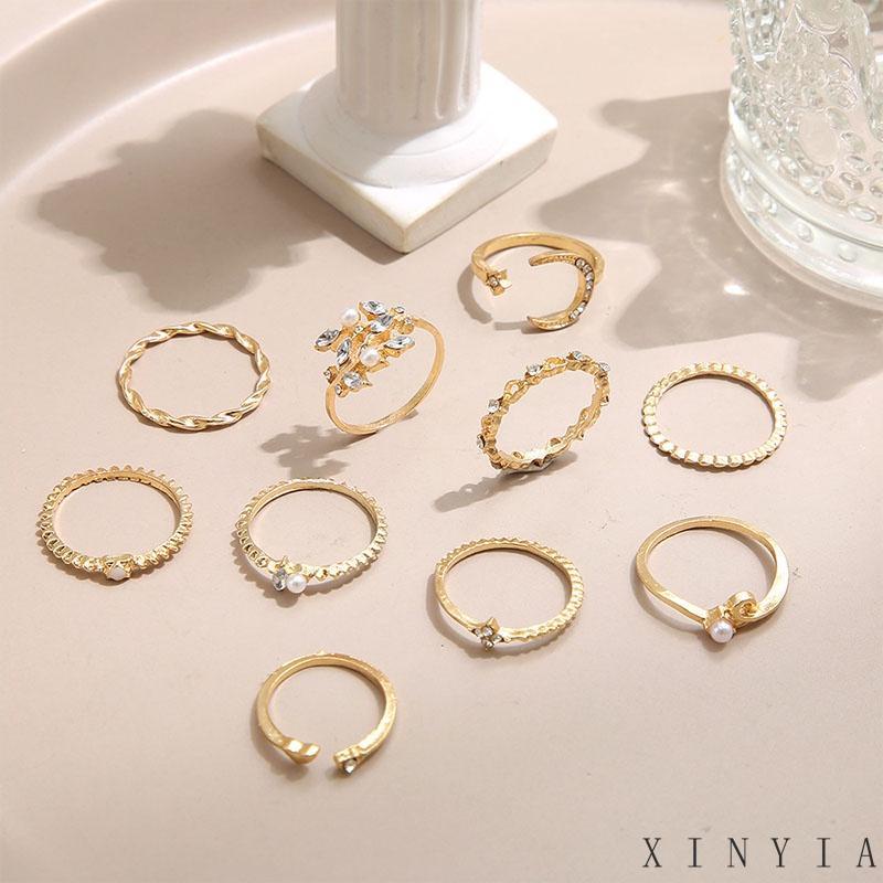 10 Pcs Cincin Berlian Mutiara Bentuk Bulan Bintang Hati Daun Gaya Retro Untuk Wanita