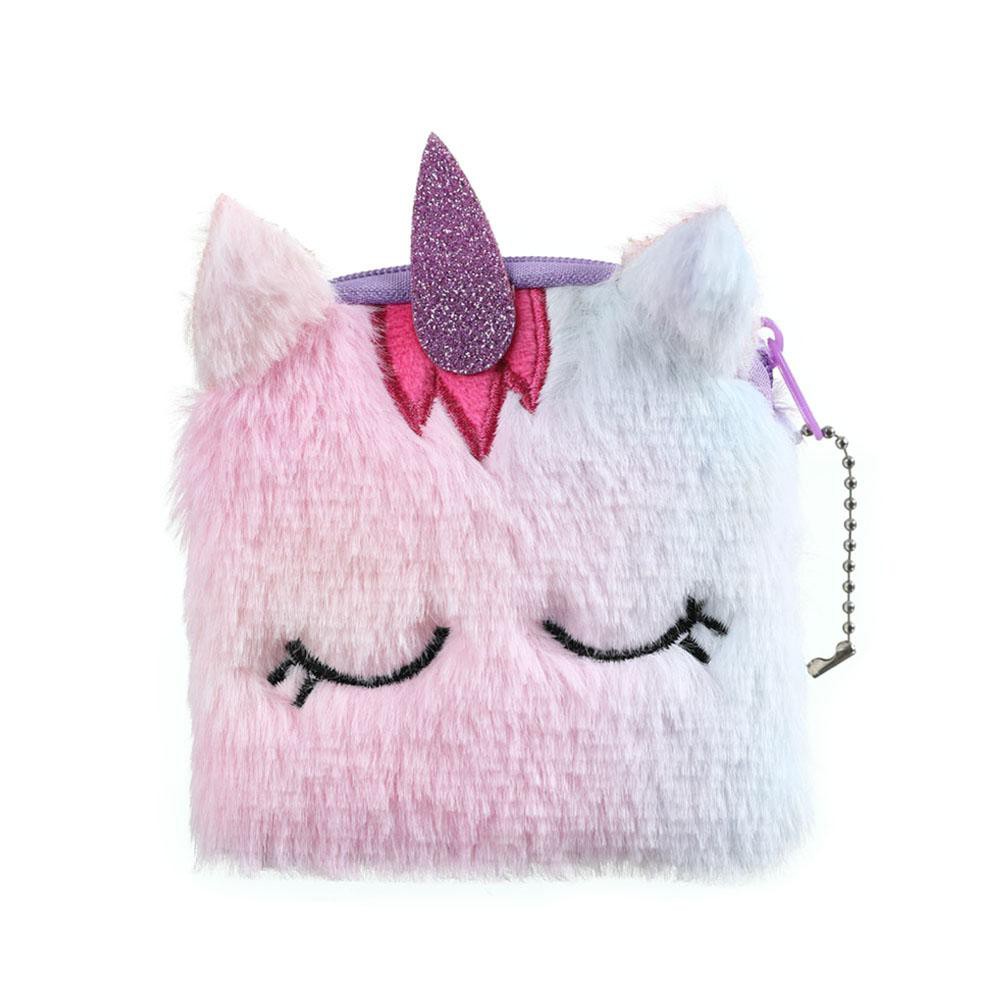 Dompet Koin Mini Bahan Plush Desain Kartun Unicorn Dengan Resleting Untuk Anak Perempuan