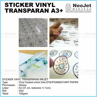  Sticker  Vinyl  Inkjet Transparan Bening  Gloss A3 30 Meter 