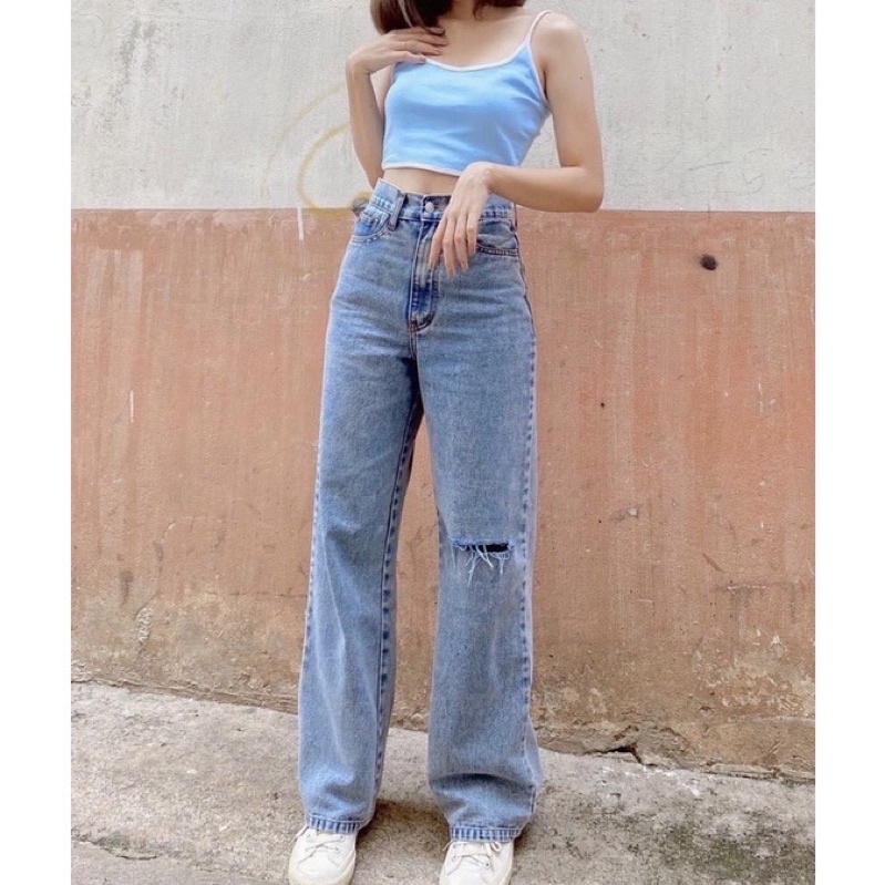 Highwaist Kulot Jeans Wanita Loose RIPPED by Alzera