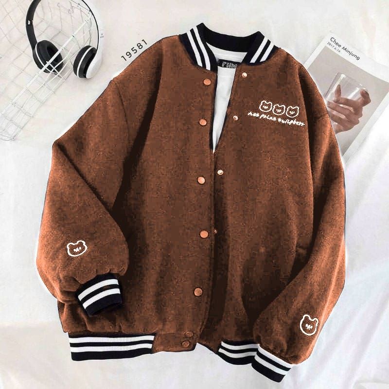 Jacket Wanita NET FRINT BASEBALL Oversize | Jaket Varsity Bordier | Jaket Bomber Wanita-Moca