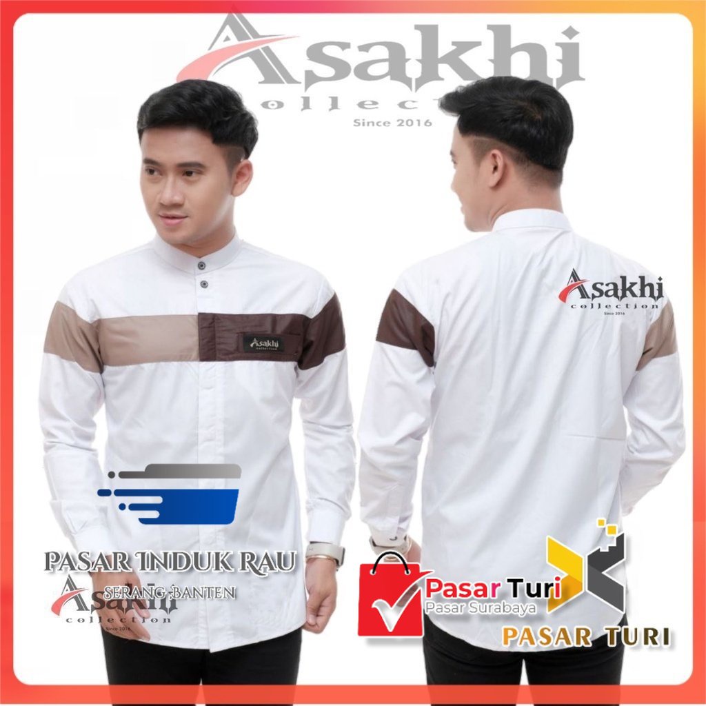 Asakhi Baju Koko Pria Lengan Panjang Motif Yordan Series Koko Muslim Hadroh Azzahir Warna Putih Crem M L XL