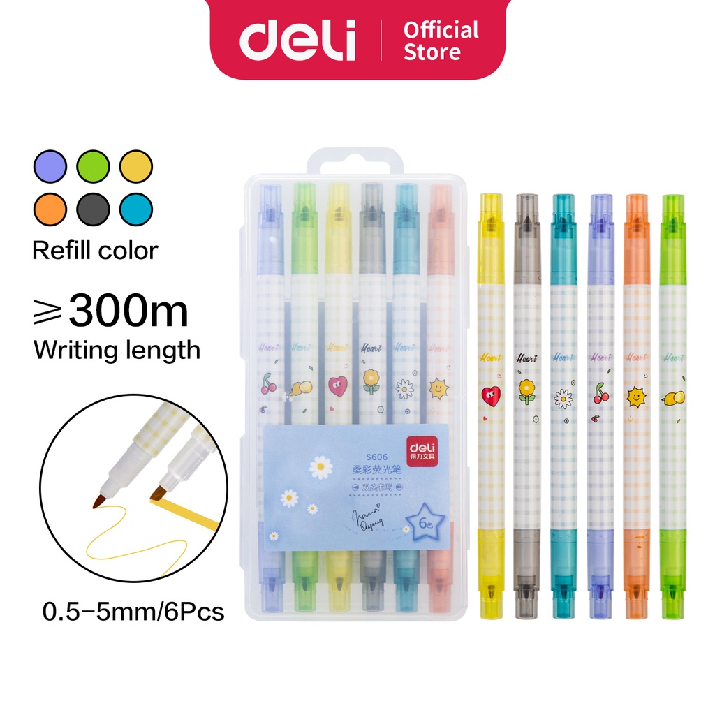 

Deli Pen Highlighter 6Pcs Box, Nyaman Dipakai, Warna Lembut Design Dua Sisi S606