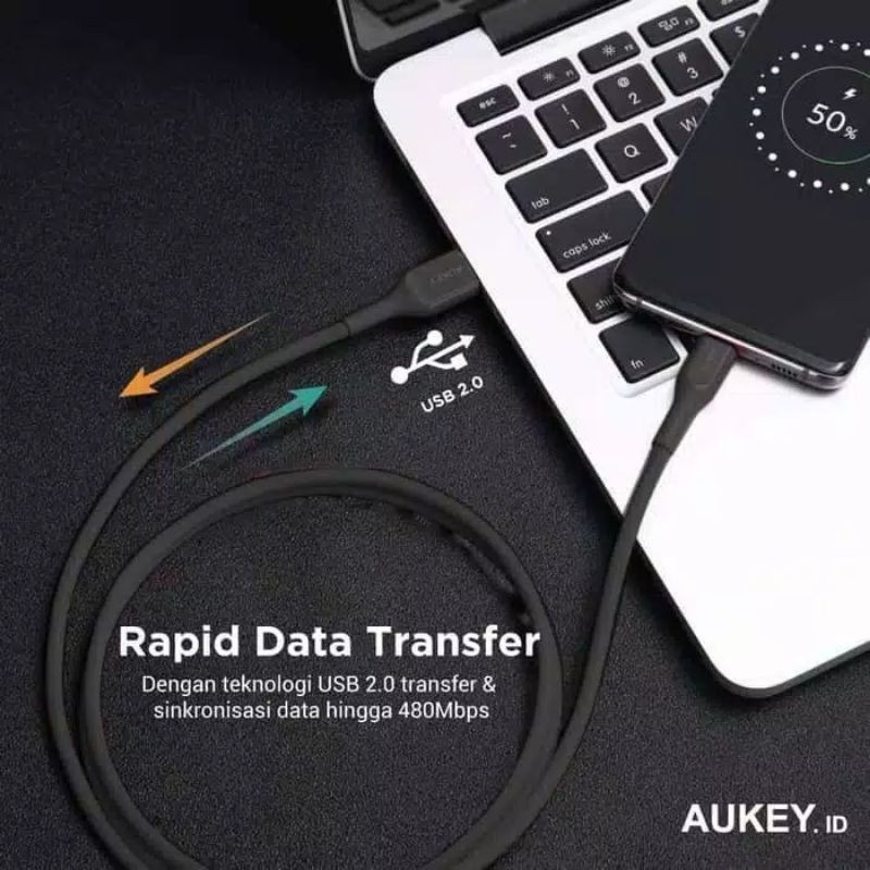 Aukey Cable CB-AKC1 USB A To USB C QC 2.0 Kevlar 1.2M Original Garansi Resmi Aukey