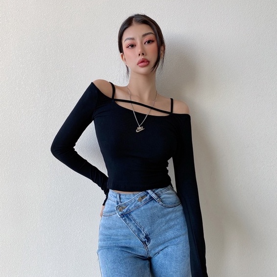 【LIVIAHOME】Original Design Twist Front Boat Neck Off-Shoulder Crop Tee 7293 (S-L)