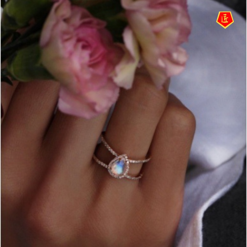 [Ready Stock]14K Rose Gold Drop-Shaped Stone Ring Creative Simple