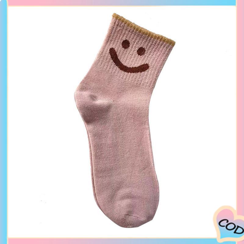 COD❤️ Kaus Kaki Wanita Mid-tube Cute Smiley College Style Kaus Kaki Trendi Musim Gugur Musim Dingin Musim Semi Musim Panas-A.one