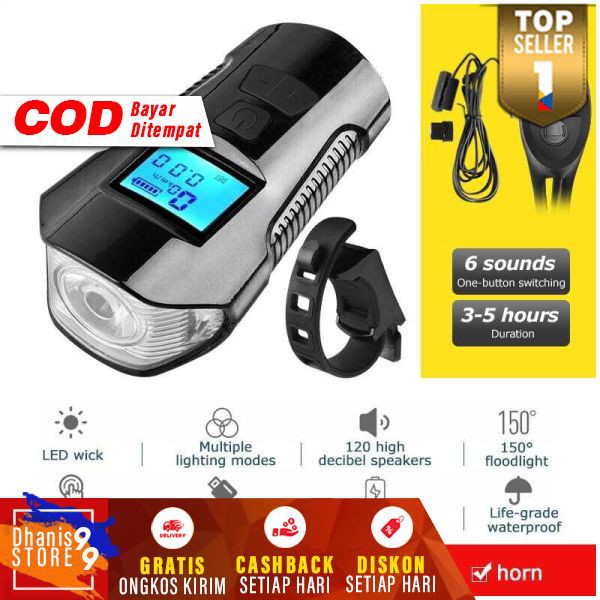 Lampu Klakson Sepeda LCD Waterproof+Speedometer Bike Lamp Aksesoris Speda Ontel