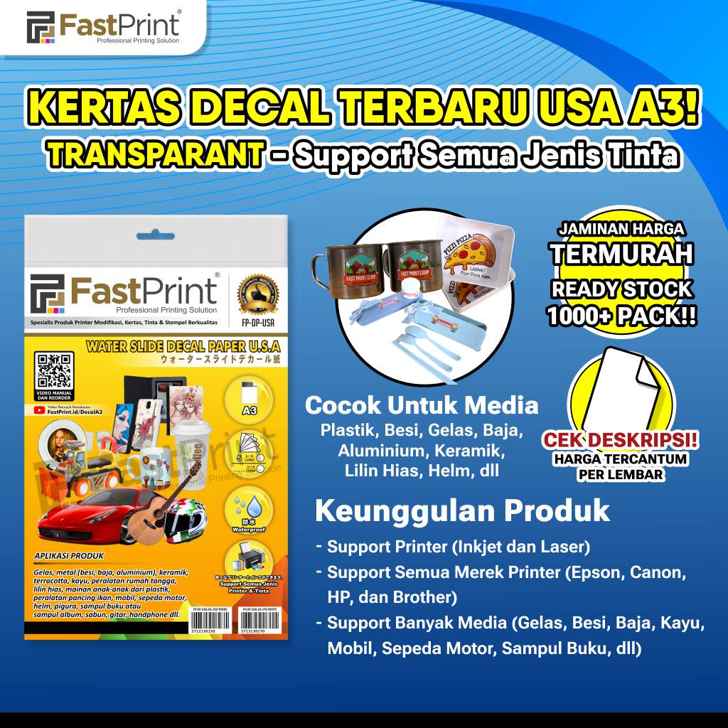 Kertas Water Slide Decal Paper USA Transparant Ukuran A3 150 Gram Fast Print