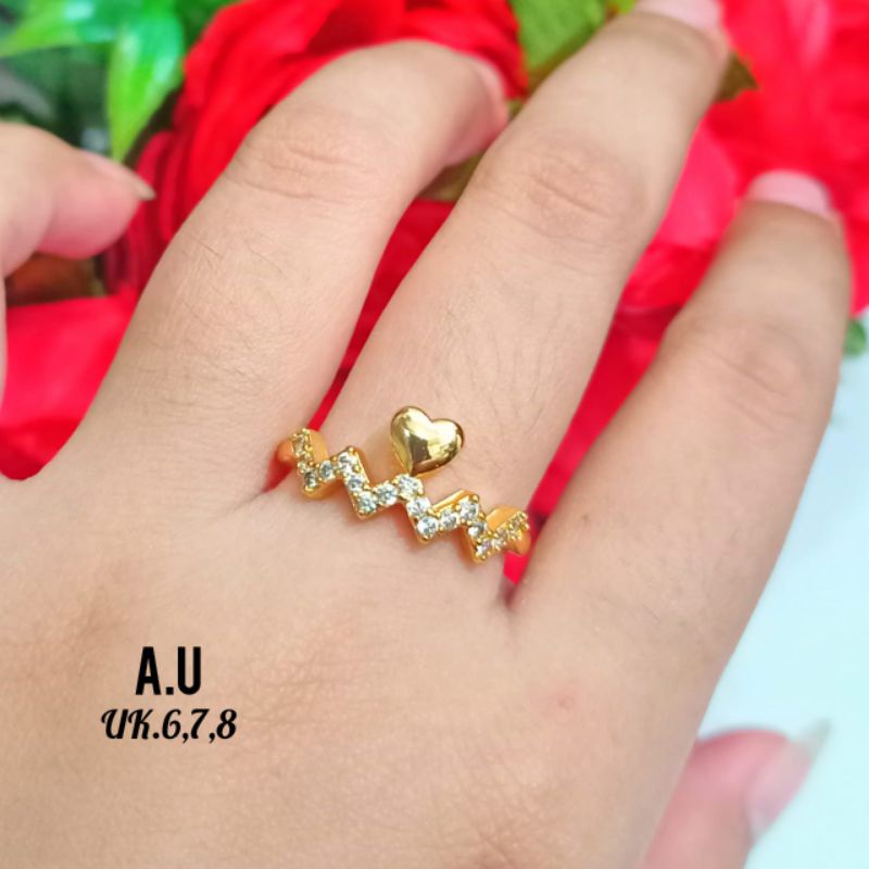 Cincin permata Dewasa *Xp* motif love zig-zag pertama zircon gold&amp;silver, tidak karat *COD*