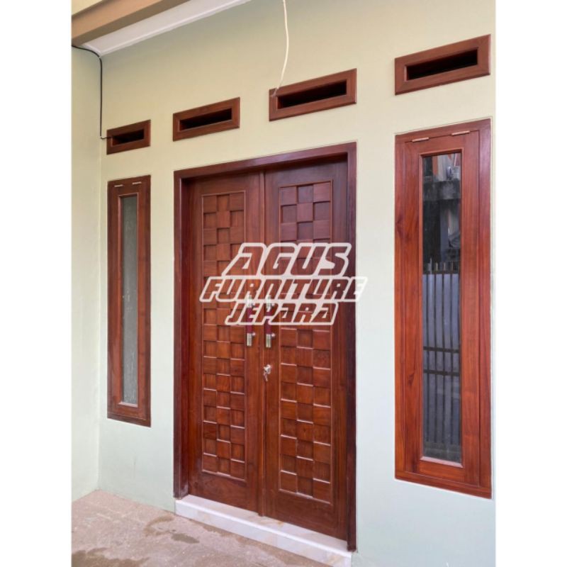 PINTU KUSEN SET MOTIF CATUR KAYU JATI (pintu kusen set pintu rumah minimalis pintu jendela rumah)