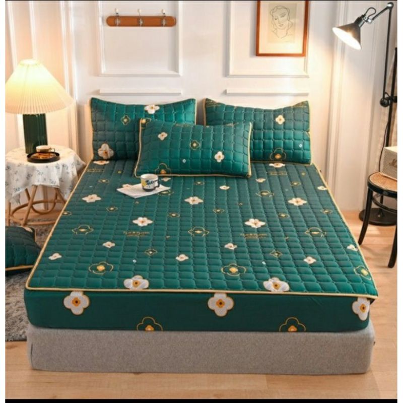 Sprei Sultan Waterproof anti ompol anti tahan air size 180x200 Seprei Adem full Karet-Sprei ijo bunga