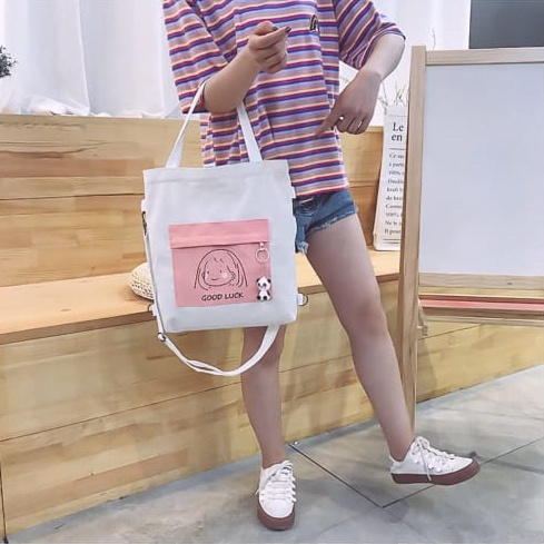 Twenty Bag - Tas Tote Bag Wanita Resleting Terbaru 2022 Aesthetic Kekinian Motif Carakter GOOD LUCK Korea Style Multifungsi Bisa DI Ransel