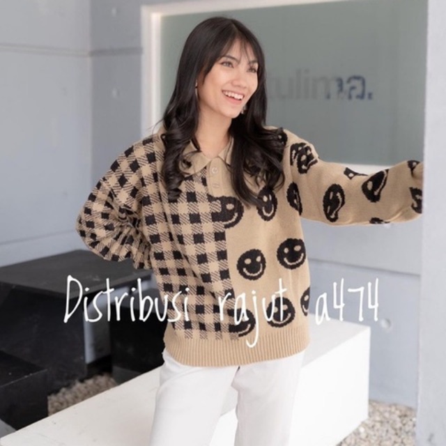 Sweater Rajut Premium Oversize Kerah Motif Smile Tartan Blous Rajut Tebal vintage