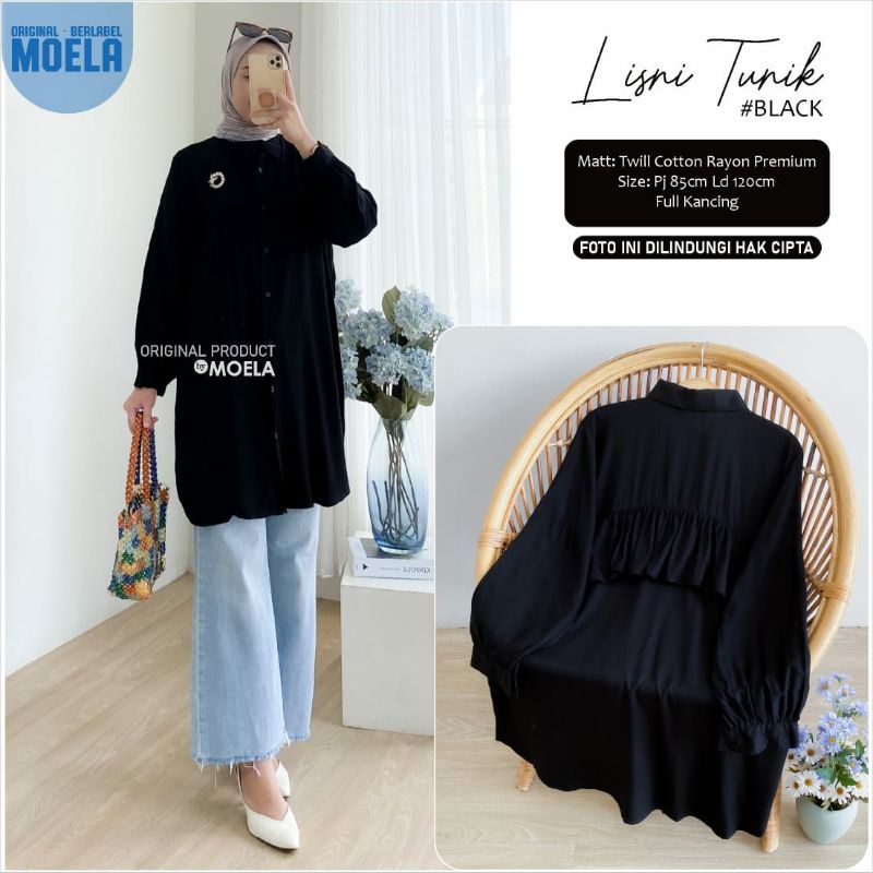 LISNI TUNIK BY MOELA | TUNIK POLOS | HITAM | FULL KANCING