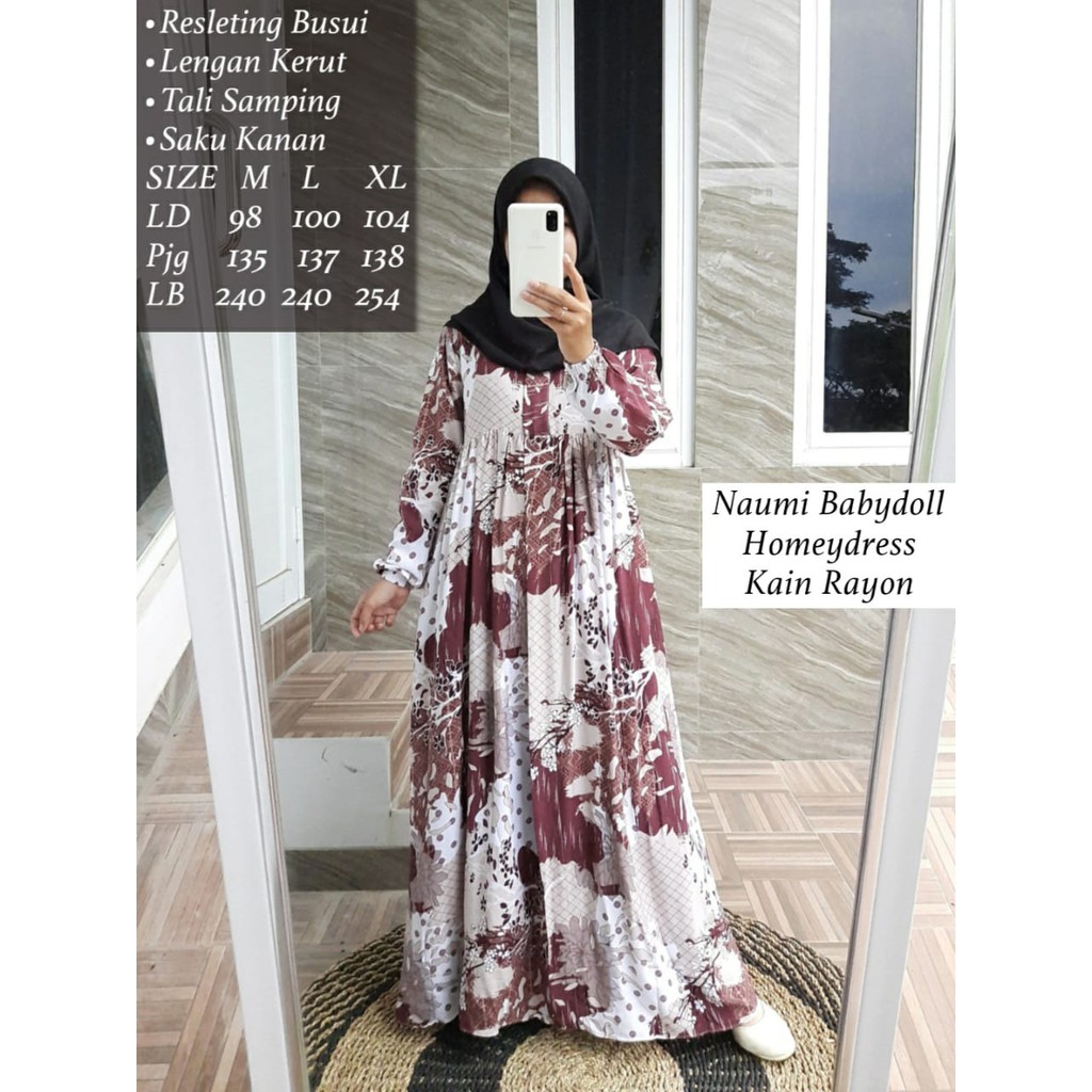 Naumy Babydoll Homeydress Kain Rayon Baju muslim Dress wanita muslim  Gamis wanita muslim