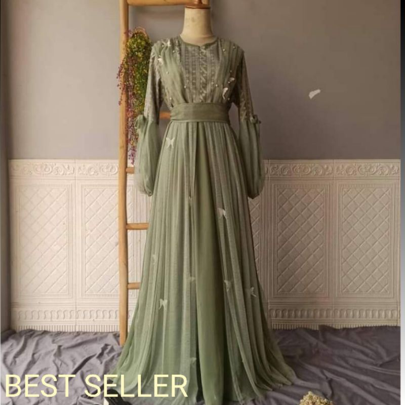 Gamis Brukat Baju Kondangan Wanita Kekinian Pesta Lengan Balon