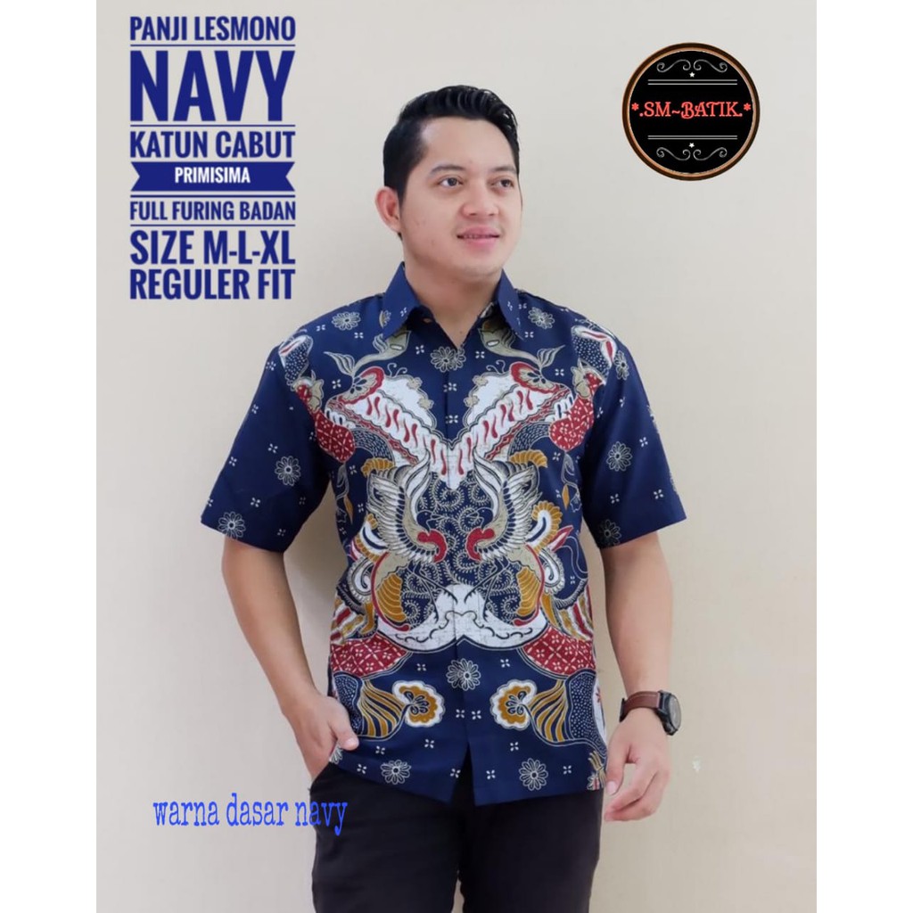 PANJI LESMONO NAVY Kemeja Baju Batik Seragam Pria Lengan Pendek PREMIUM MODERN LAPIS FULL FURING SM