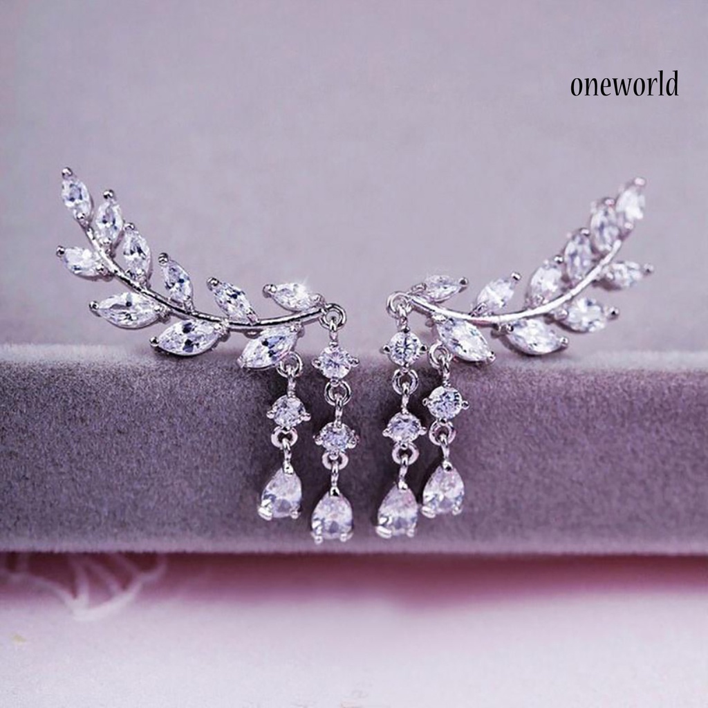 OW@ 1 Pair Women Leaves Shape Rhinestone Inlaid Water-drop Tassels Earrings Ear Studs Jewelry for Party