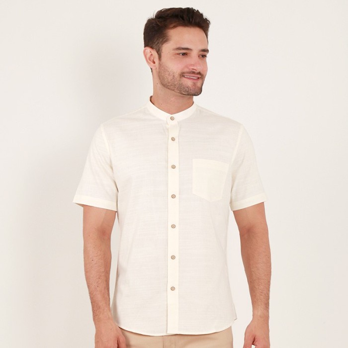 Kemeja pria Edwin Jeans Linen Style Short Shirt Brady Cream - Cokelat, S lengan panjang terbaru puti