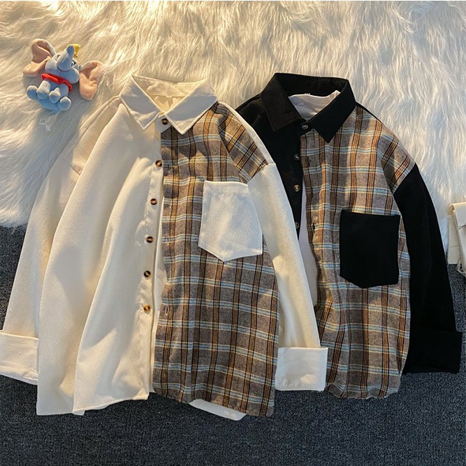 kemeja kotak-kotak Korean women's blouse new retro plaid stitching corduroy bf wind shirt jacket women outer
