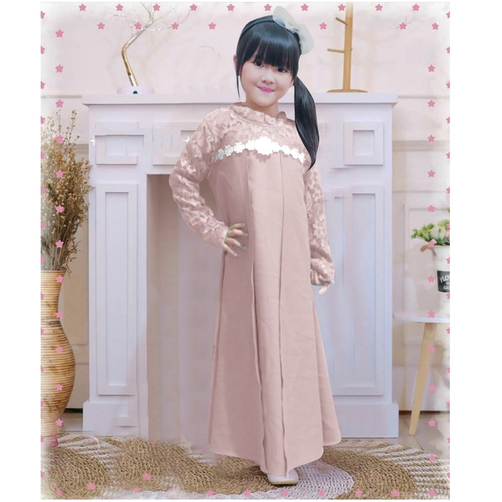 Gamis ELENAKID /GAMIS BRUKAT ANAK/GAMIS KONDANGAN ANAK/GAMIS ANAK BAHAN MOSCREPE KOMBINASI BRUKAT/GAMIS SERAGAM