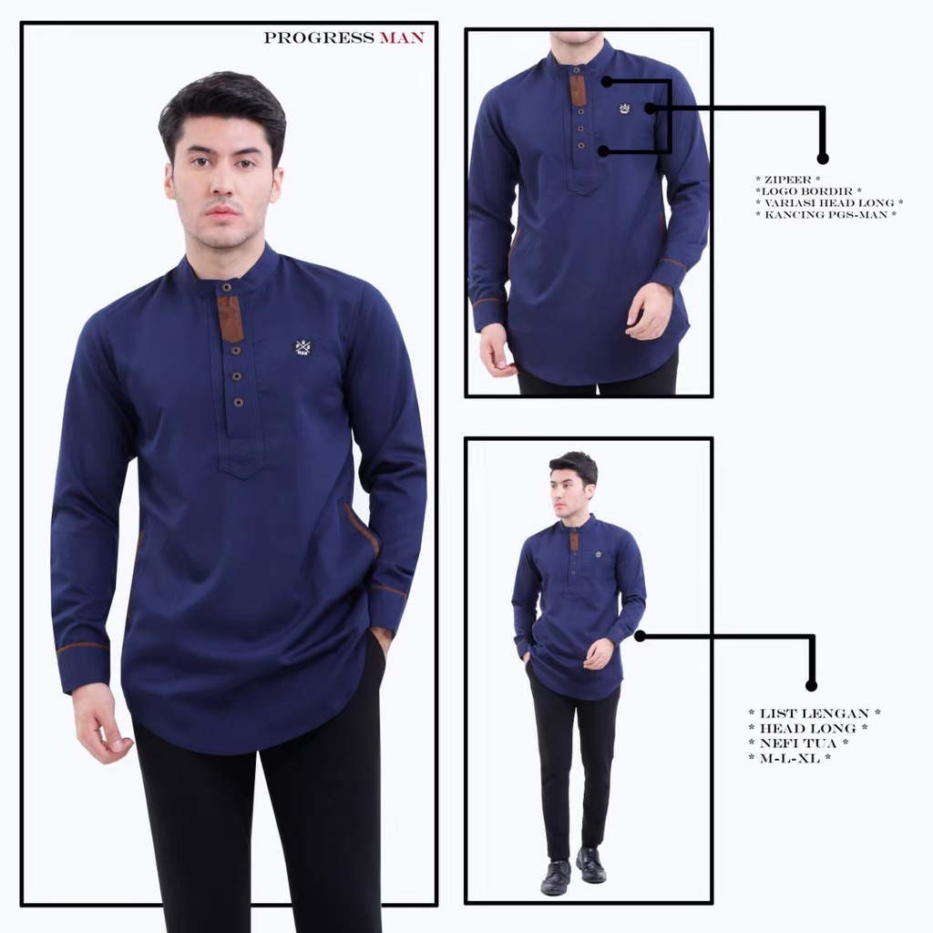 PROGRESS MAN baju koko pria lengan panjang koko kurta pangsi kemeja koko pria lengan panjang koko kurta pangsi baju kurta pangsi dewasa logo bordir Nefi Dongker P4N9S103