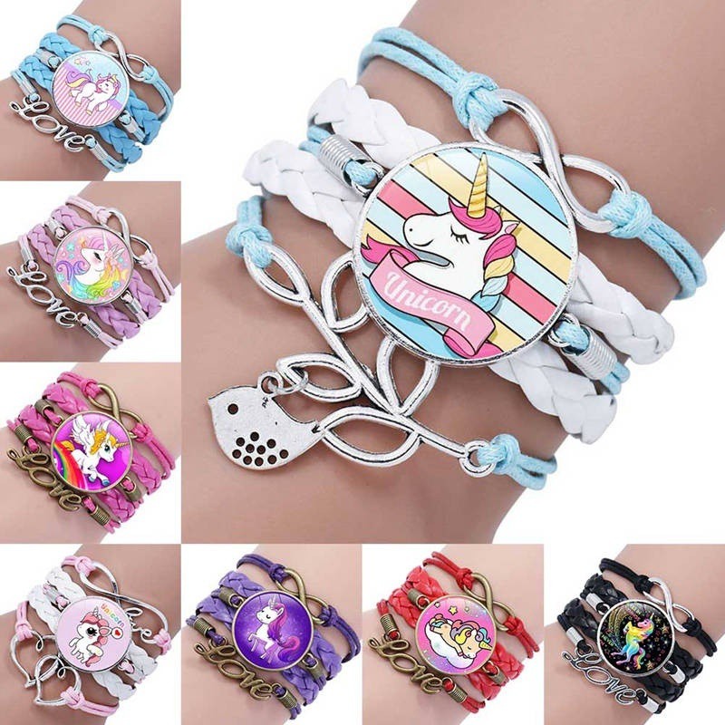 Unisex Unicorn Time Gemstone Glass Bracelet Handmade Multilayer Woven Leather Infinity Bracelet