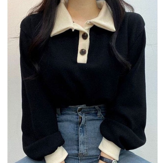 sweater wanita - Collar Girl Sweater Oversize - sweeter wanita korean style