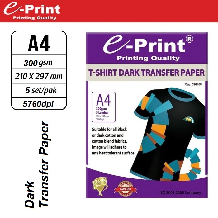 E-Print Kertas Sablon T-Shirt Dark Transfer Paper A4 isi 5 lembar