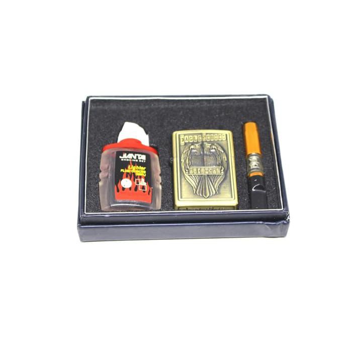 BISA COD - Paket Hemat Mancis Murah Korek Api Zippo Gold Classic Army Free Minyak Plus Pipa - Random