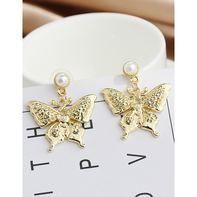 LRC Anting Tusuk Fashion Golden Copper Pearl Butterfly Stud Earrings K42364