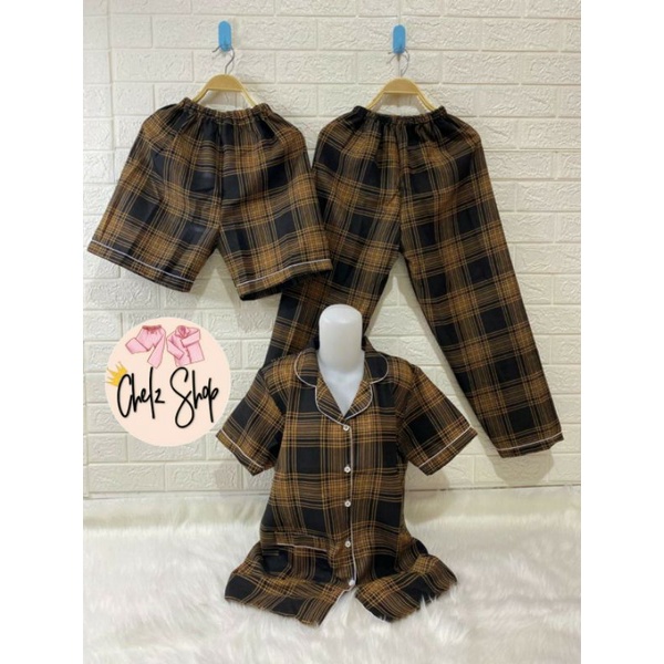 Baju Tidur Wanita/Piyama Wanita Dewasa Katun Motif Daun Part 3-3in1 GUILLEN BLACK