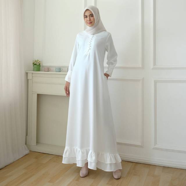 DRESS WHITE MAIDA CUFF FIT TO L GAMIS MUSLIM WANITA DEWASA ORIGINAL REALPICT